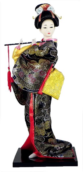 Japanese Geisha Doll in Black Kimono Dress Holding Flute