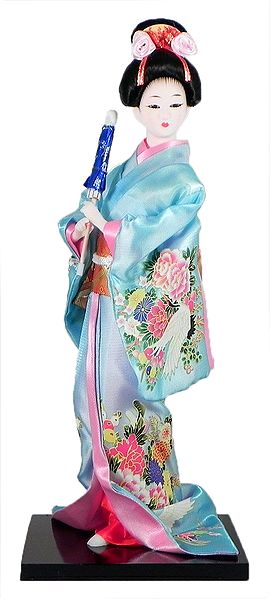 Japanese Geisha Doll in Blue Kimono Dress Holding Umbrella