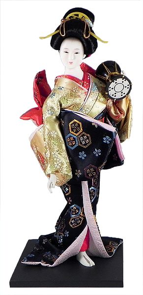Japanese Geisha Doll in Black and Yellow Kimono Dress Holding Damuru