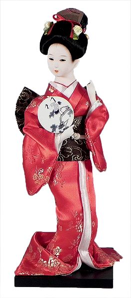 Japanese Geisha Doll in Black and Yellow Kimono Dress Holding Fan