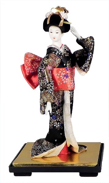 Japanese Geisha Doll in Black and Red Kimono Dress