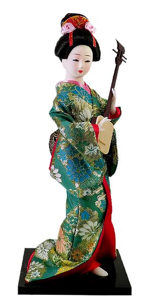 Japanese Geisha Doll in Green Kimono Dress Playing Guitar
