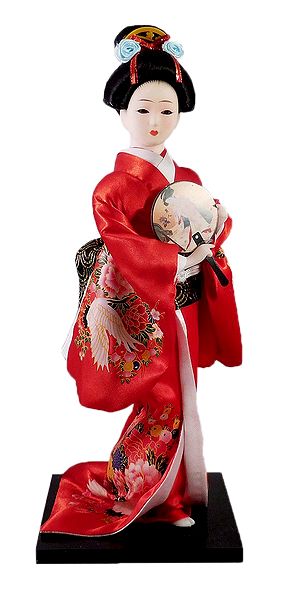 Japanese Geisha Doll in Red Kimono Dress Holding Fan