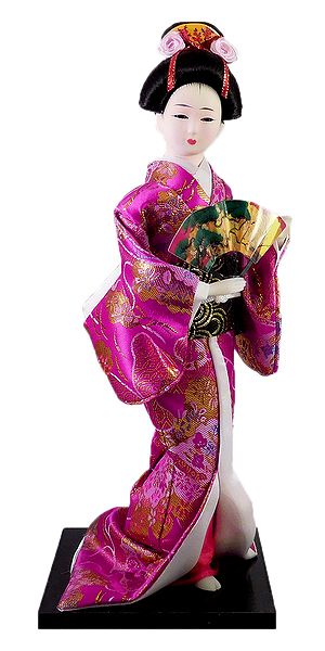 japanese Geisha Doll in Magenta Kimono Dress Holding Fan