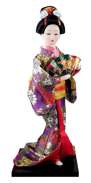 Japanese Geisha Doll in Brocade Kimono Dress Holding Fan