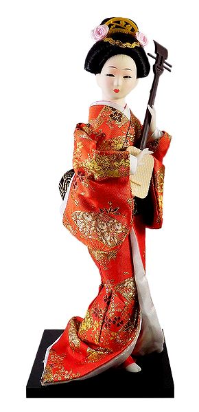 japanese Geisha Doll in Red Kimono Dress Playing Guitar