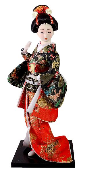 Japanese Doll in Brocade Kimono Dress Holding Fan