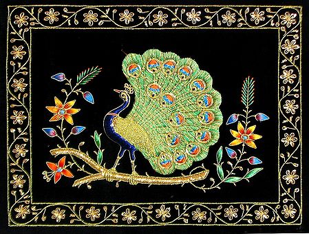 Multicolor Thread and Zari Embroidered Peacock on Black Velvet Background