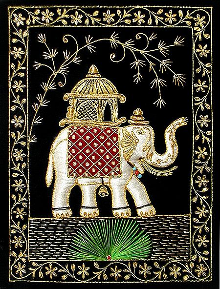 Multicolor Thread and Zari Embroidered Royal Elephant on Black Velvet Background