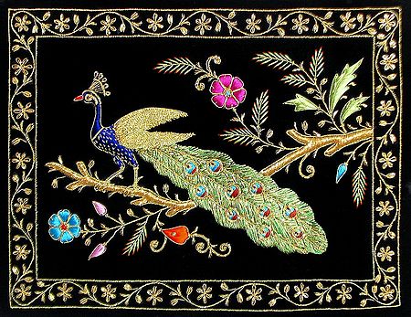 Multicolor Thread and Zari Embroidered Peacock on Black Velvet Background