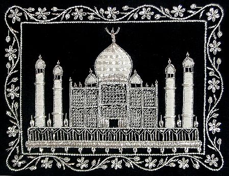 White Thread and Zari Embroidered Taj Mahal on Black Velvet Background