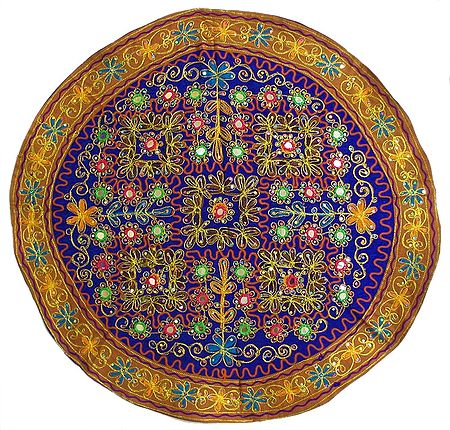 Multicolor Thread and Zari Embroidery on Purple Background and Yellow Border with Mirror and Sequined Work - (Circular Wall Hanging)