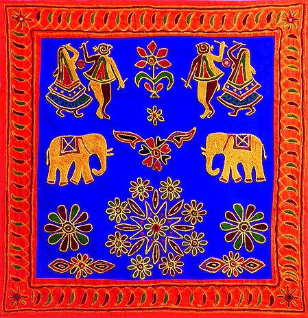Embroidered Blue Cloth with Red Border Depicting Folk Dancers, Elephants, Flowers and Rangoli Design - (Wall Hanging)
