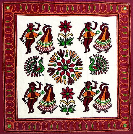Embroidered White Cloth with Maroon Border Depicting Folk Dancers, Peacocks, Flowers and Rangoli Design - (Wall Hanging)