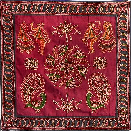 Embroidered Maroon Cloth with Green Border Depicting Folk Dancers, Peacocks and Flowers - (Wall Hanging)
