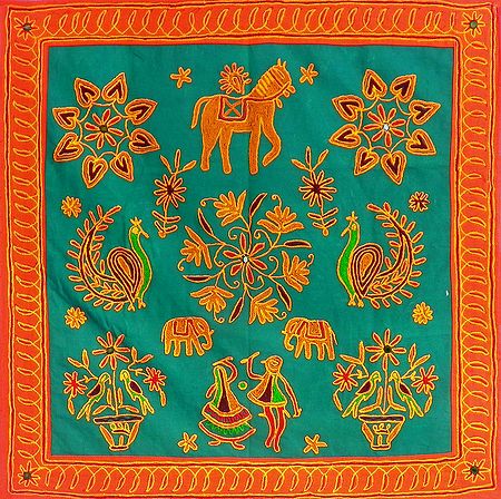 Embroidered Green Cloth with Saffron Border Depicting Folk Dancers, Animals and Flowers - (Wall Hanging)
