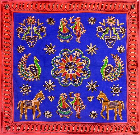 Embroidered Blue Cloth with Red Border Depicting Folk Dancers, Animals, Flowers and Rangoli Design - (Wall Hanging)