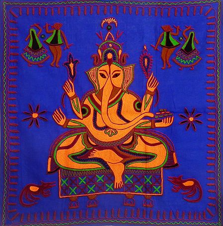 Embroidered Lord Ganesha on Blue Cotton Cloth - Wall Hanging