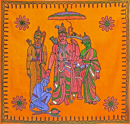 Embroidered Ram Darbar on Saffron Cotton Cloth - Wall Hanging