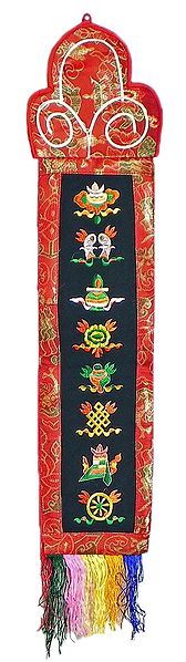 Embroidered Eight Buddhist Symbols on Silk - Wall Hanging