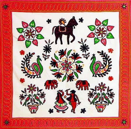 Embroidered White Cloth with Saffron Border Depicting Folk Dancers, Animals and Flowers - (Wall Hanging)