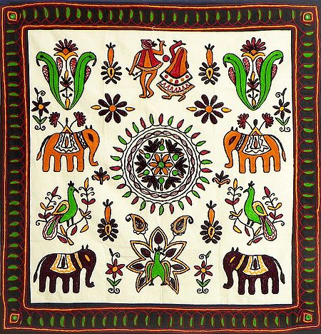 Embroidered White Cloth with Saffron Border Depicting Folk Dancers, Animals, Flowers and Rangoli Design - (Wall Hanging)