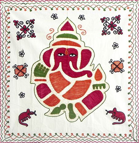 Embroidered Ganesha on Cotton Cloth - Wall Hanging