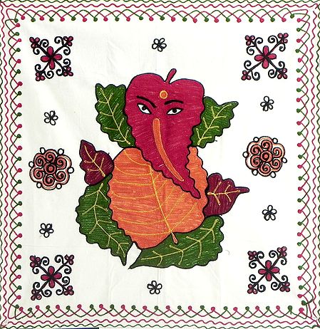 Embroidered Leaf Ganesha on Cotton Cloth - Wall Hanging