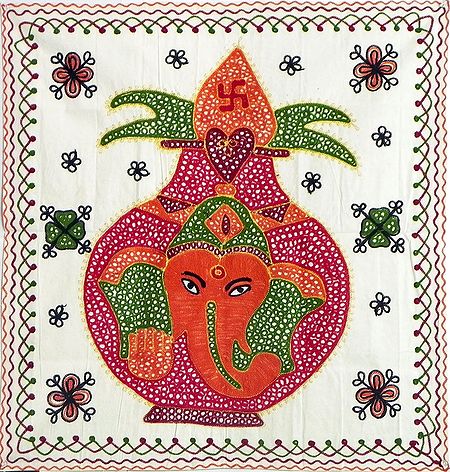 Embroidered Ganesha on Kalash - Wall Hanging
