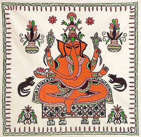 Embroidered Lord Ganesh Sitting on a Chowki - Wall Hanging
