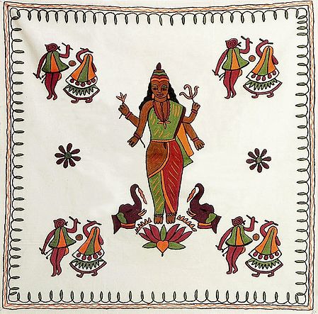 Embroidered Goddess Lakshmi with Gujrati Dandiya Raas Dancers - Wall Hanging