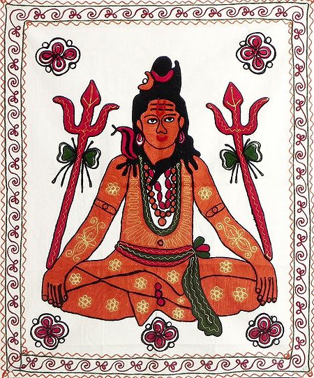 Embroidered Shiva on Cotton Cloth - Wall Hanging