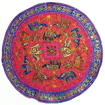 Multicolor Thread and Zari Embroidery on Red Background and Purple Border with Sequin Work - (Circular Wall Hanging)