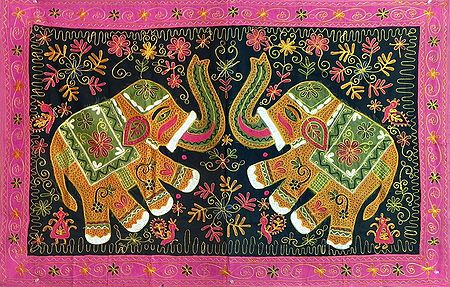 Embroidered Two Dancing Elephants on Black Cotton Cloth - (Wall Hanging)