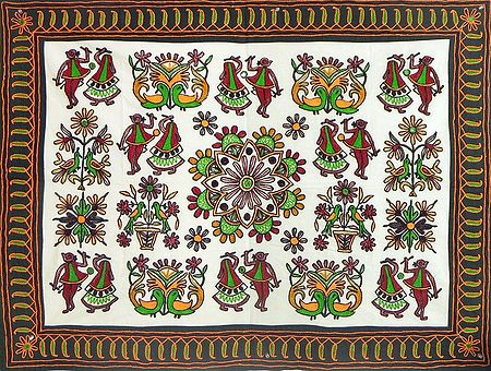 Gujrati Embroidered Nature with Man on White Background - Wall Hanging