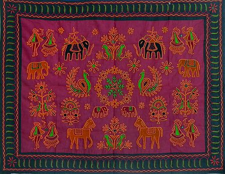 Embroidered Maroon Cloth with Dark Green Border Depicting Nature - (Wall Hanging)