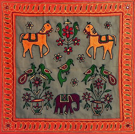 Embroidered Grey Cloth with Saffron Border Depicting Nature - (Wall Hanging)