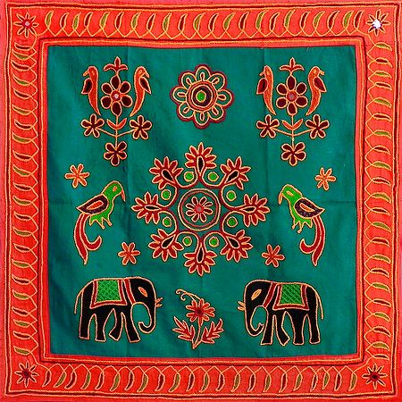 Embroidered Green Cloth with Saffron Border Depicting Nature - (Wall Hanging)