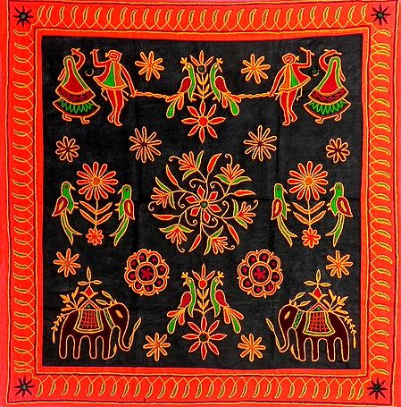 Embroidered Black Cloth with Saffron Border Depicting Folk Dancers, Elephants, Flowers and Rangoli Design - (Wall Hanging)