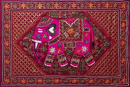 Gorgeous Golden Thread and Sequin Embroidery with Pink Elephant on Maroon Cotton Cloth - (Wall Hanging)