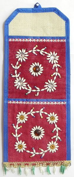 Letter and Paper Holder with Two Pockets in Red Jute Cloth with White Beaded Design - (Wall Hanging)