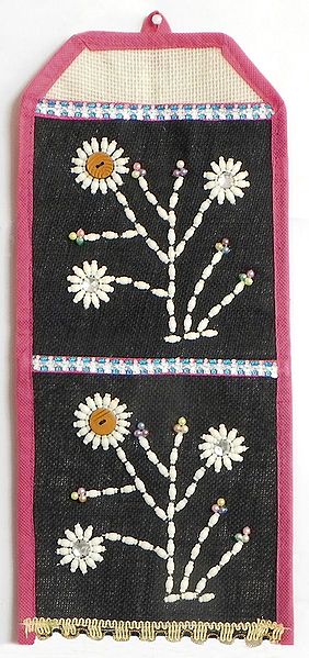 Letter and Paper Holder with Two Pockets in Black Jute Cloth with White Beaded Design - (Wall Hanging)