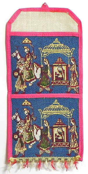 Letter and Paper Holder with Two Pockets in Cyan Jute Cloth with Weaved Royal Procession Design - (Wall Hanging)