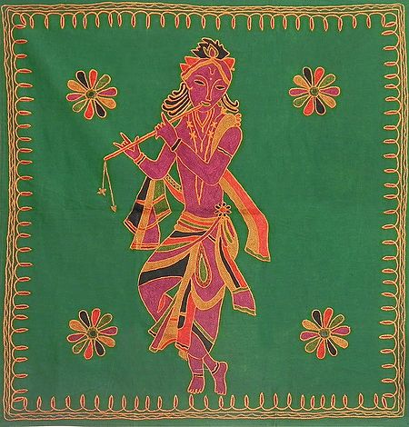 Embroidered Krishna on Green Cotton Cloth - Wall Hanging