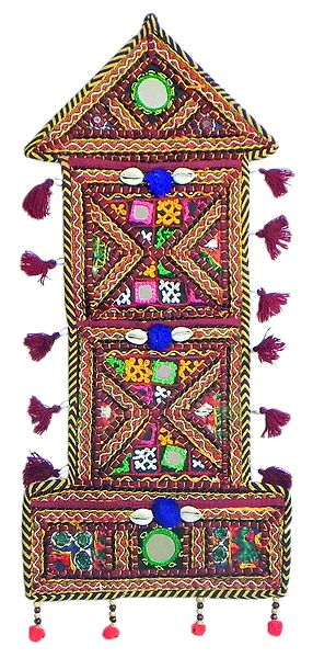 Three Pocket Letter and Paper Holder with Kachchi Embroidery, Mirror and Cowrie Work - (Wall Hanging)