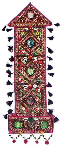 Four Pocket Letter and Paper Holder with Kachchi Embroidery, Mirror and Cowrie Work - (Wall Hanging)