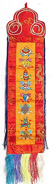 Sacred Buddhist Symbols  - Tibetan Embroidered Wall Hanging