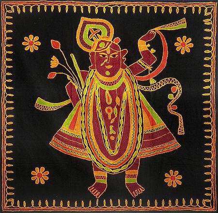 Embroidered Srinathji on Black Cotton Cloth - Wall Hanging