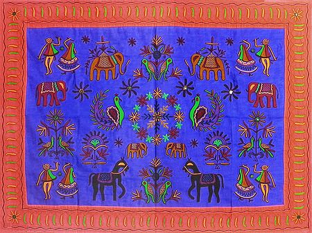 Embroidered Blue Cloth with Red Border Depicting Nature - (Wall Hanging)