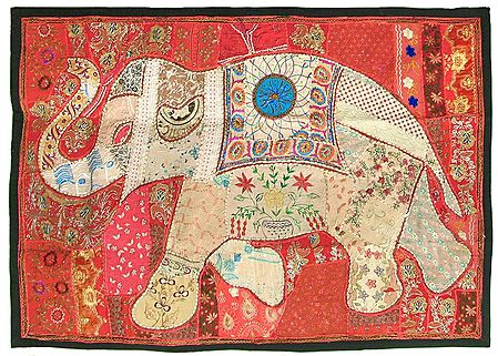 Elephant Patchwork on Cloth and Enhanced with Mirrorwork, Zari, Sequins and Beadwork